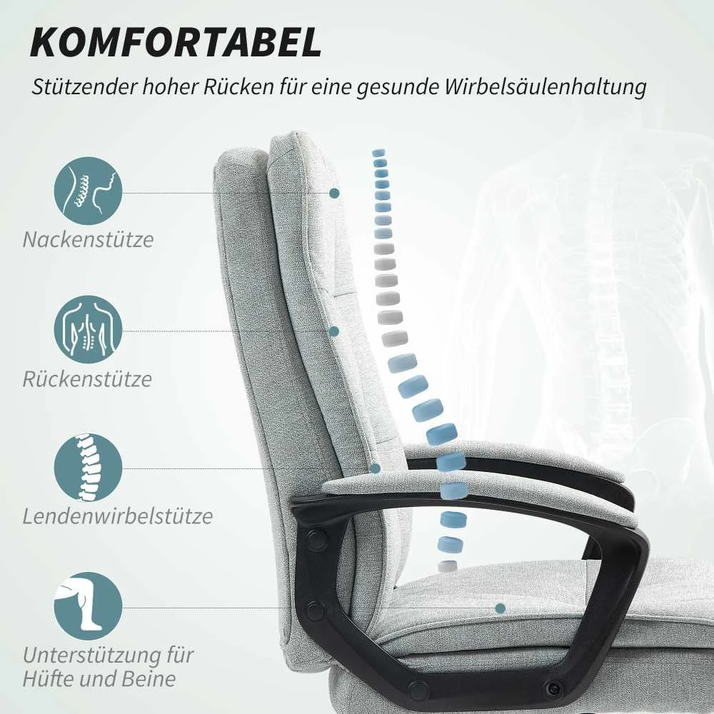 HOMCOM biuro kėdė, ergonomiška darbo kėdė su porankiais, reguliuojamo aukščio sukama kėdė su supimosi funkcija, lininio audinio išvaizda, paminkštinta kompiuterio kėdė, pilka