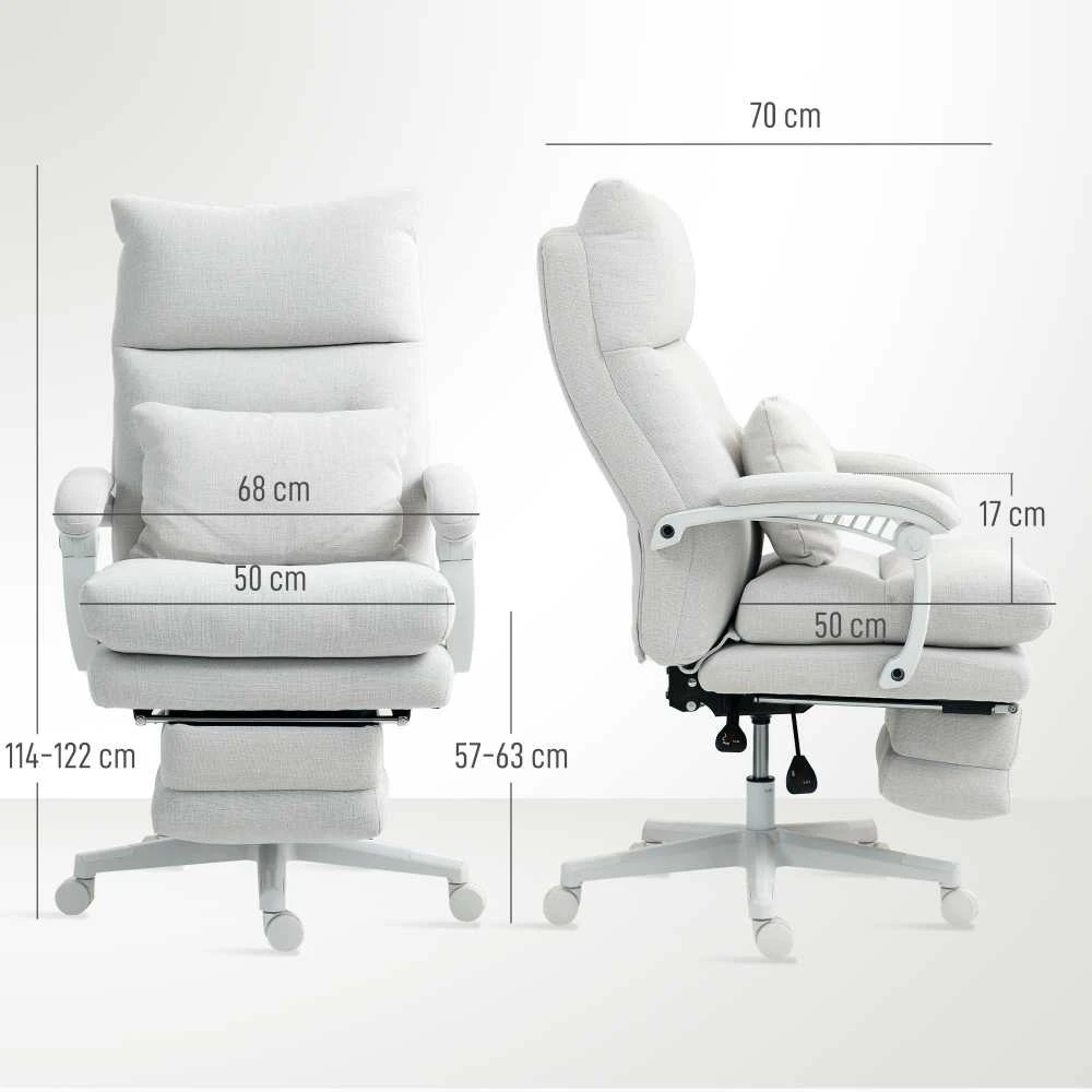 HOMCOM biuro kėdė, ergonomiška darbo kėdė su atrama juosmeniui, aukštu atlošu, kojų atrama, reguliuojamo aukščio sukamoji kėdė, lininio audinio išvaizda, paminkštinta kompiuterio kėdė, kreminė balta