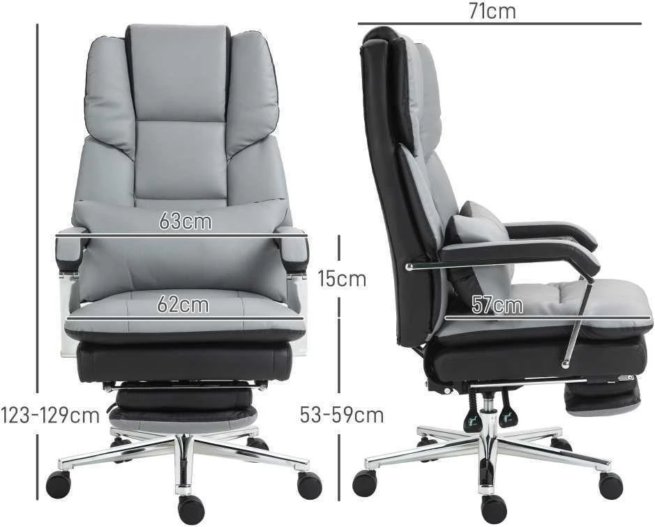 HOMCOM biuro kėdė, ergonomiška darbo kėdė su supimosi funkcija, kojų atrama, kompiuterio kėdė su atlošimo funkcija, sukama kėdė su juosmens pagalvėle, keliamoji galia iki 180 kg, dirbtinė oda, pilka