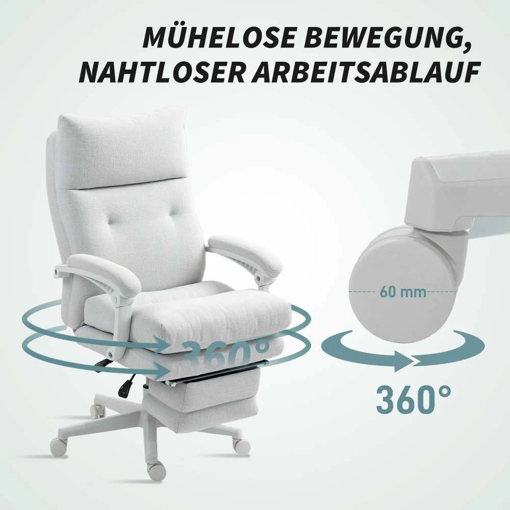 HOMCOM biuro kėdė, ergonomiška darbo kėdė su atrama juosmeniui, aukštu atlošu, kojų atrama, reguliuojamo aukščio sukamoji kėdė, lininio audinio išvaizda, paminkštinta kompiuterio kėdė, kreminė balta