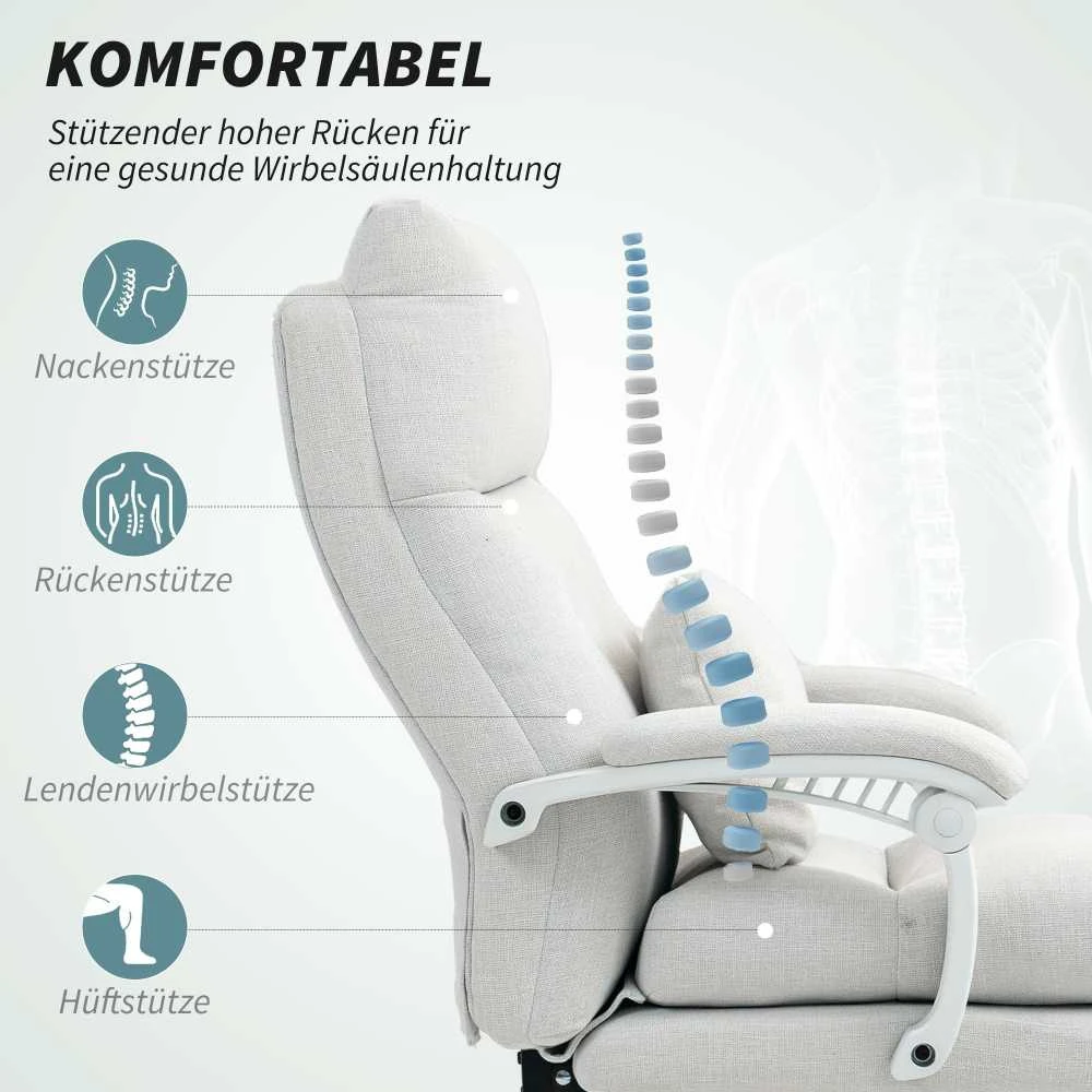 HOMCOM biuro kėdė, ergonomiška darbo kėdė su atrama juosmeniui, aukštu atlošu, kojų atrama, reguliuojamo aukščio sukamoji kėdė, lininio audinio išvaizda, paminkštinta kompiuterio kėdė, kreminė balta