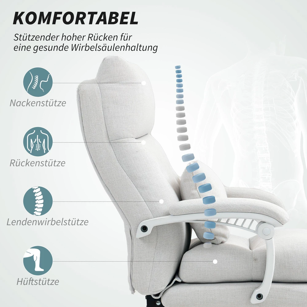 HOMCOM biuro kėdė, ergonomiška darbo kėdė su atrama juosmeniui, aukštu atlošu, kojų atrama, reguliuojamo aukščio sukamoji kėdė, lininio audinio išvaizda, paminkštinta kompiuterio kėdė, kreminė balta