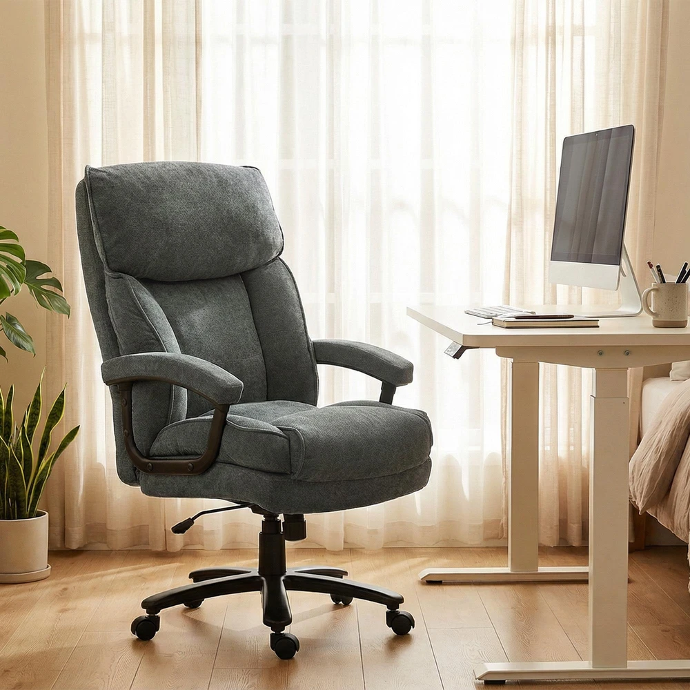 HOMCOM biuro kėdė, ergonomiška darbo kėdė su supimosi funkcija, lino išvaizda, reguliuojamo aukščio PC kėdė su sukimosi funkcija, storos pagalvėlės, atlaiko iki 200 kg apkrovą, skirta namų biurui, pilka