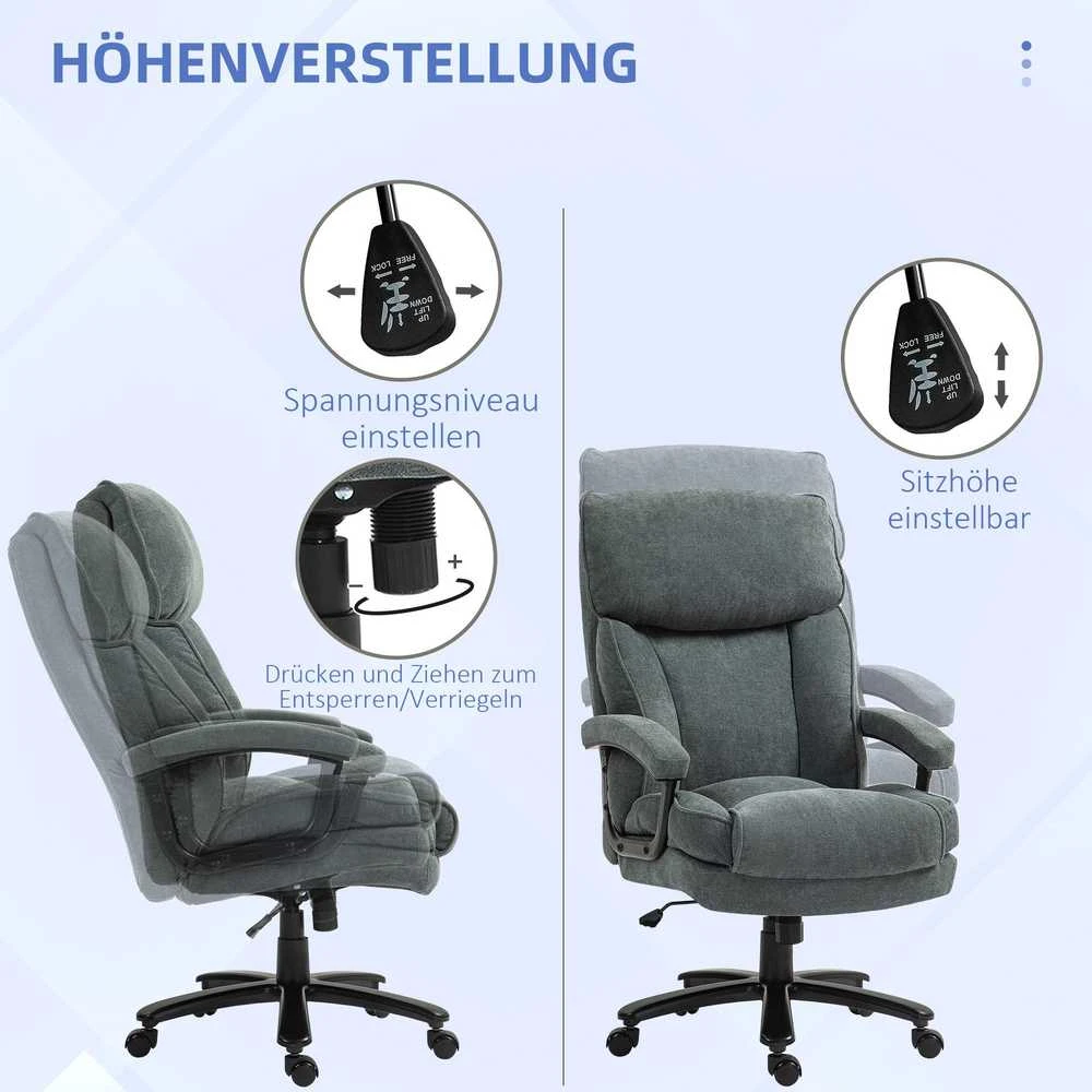 HOMCOM biuro kėdė, ergonomiška darbo kėdė su supimosi funkcija, lino išvaizda, reguliuojamo aukščio PC kėdė su sukimosi funkcija, storos pagalvėlės, atlaiko iki 200 kg apkrovą, skirta namų biurui, pilka