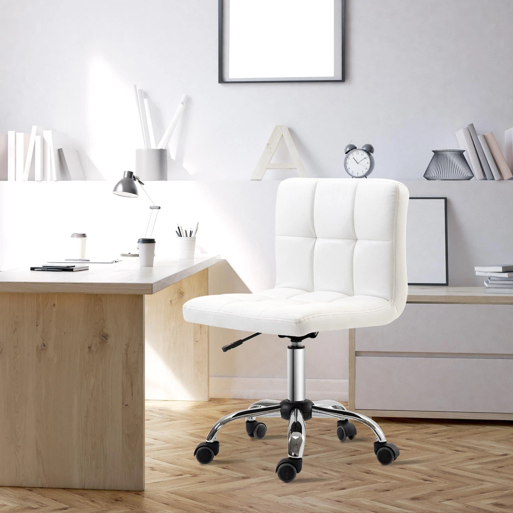 HOMCOM biuro kėdė, ergonomiška kėdė be porankių, reguliuojamo aukščio sukama kėdė, kompiuterio kėdė biurui ar darbo kambariui, dirbtinė oda, balta