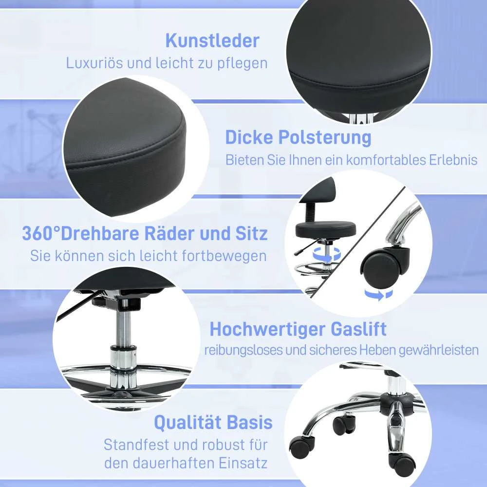 Biuro kėdė HOMCOM, ergonomiška piešimo kėdė, reguliuojamo aukščio kompiuterio kėdė su kojų atrama, rašomojo stalo kėdė, sukama kėdė svetainei, biurui, dirbtinė oda, juoda