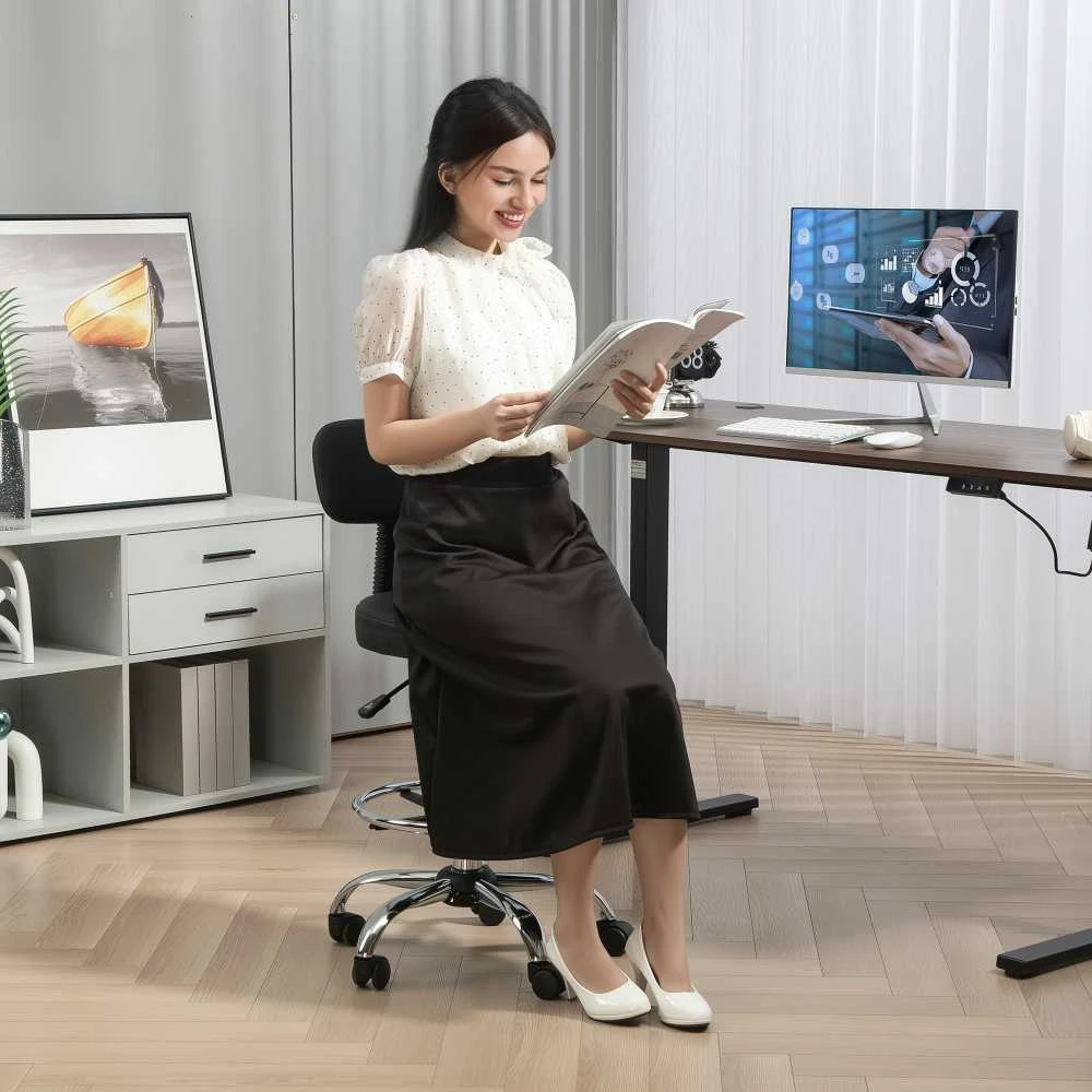 Biuro kėdė HOMCOM, ergonomiška piešimo kėdė, reguliuojamo aukščio kompiuterio kėdė su kojų atrama, rašomojo stalo kėdė, sukama kėdė svetainei, biurui, dirbtinė oda, juoda