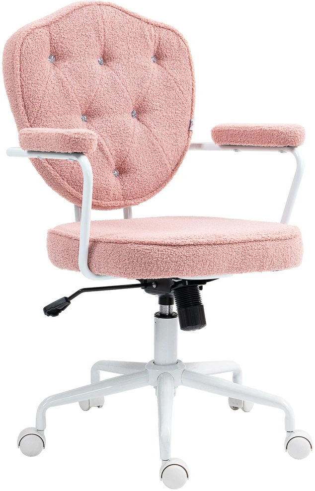 HOMCOM biuro kėdė, ergonomiška rašomojo stalo kėdė su supimosi funkcija, sagomis dekoruotas apmušalas, reguliuojamo aukščio kompiuterio kėdė su sukimosi funkcija, namų biurui, meškiuko kailio audinys, rožinė