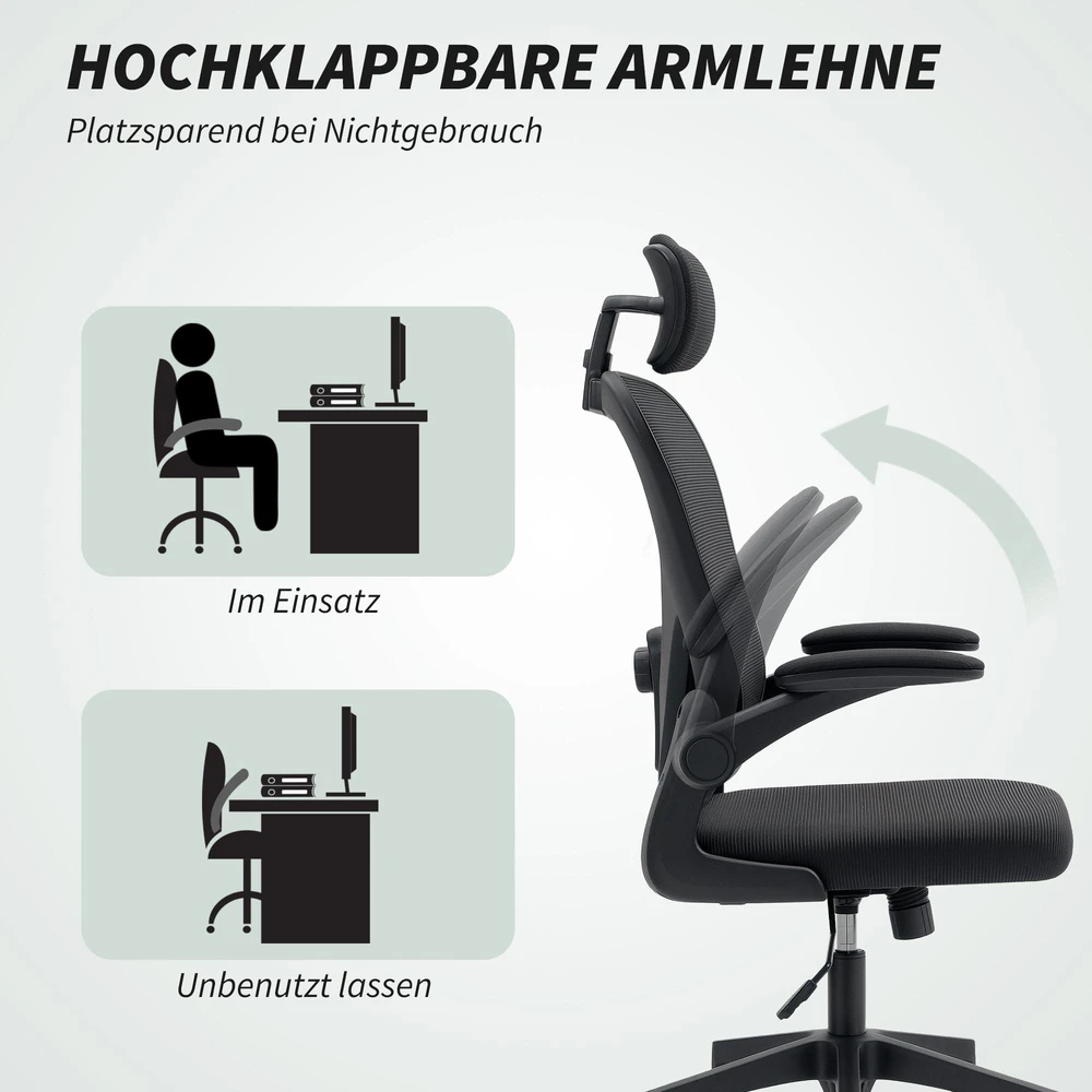 Biuro kėdė HOMCOM, ergonomiška darbo kėdė su atlenkiamais porankiais ir reguliuojama juosmens atrama, juoda