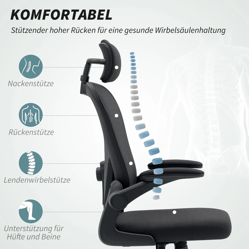 Biuro kėdė HOMCOM, ergonomiška darbo kėdė su atlenkiamais porankiais ir reguliuojama juosmens atrama, juoda