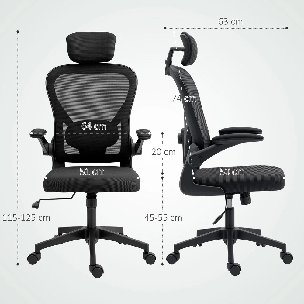 Biuro kėdė HOMCOM, ergonomiška darbo kėdė su atlenkiamais porankiais ir reguliuojama juosmens atrama, juoda