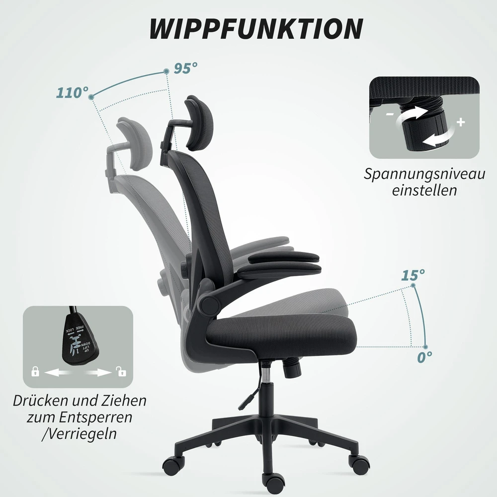 Biuro kėdė HOMCOM, ergonomiška darbo kėdė su atlenkiamais porankiais ir reguliuojama juosmens atrama, juoda