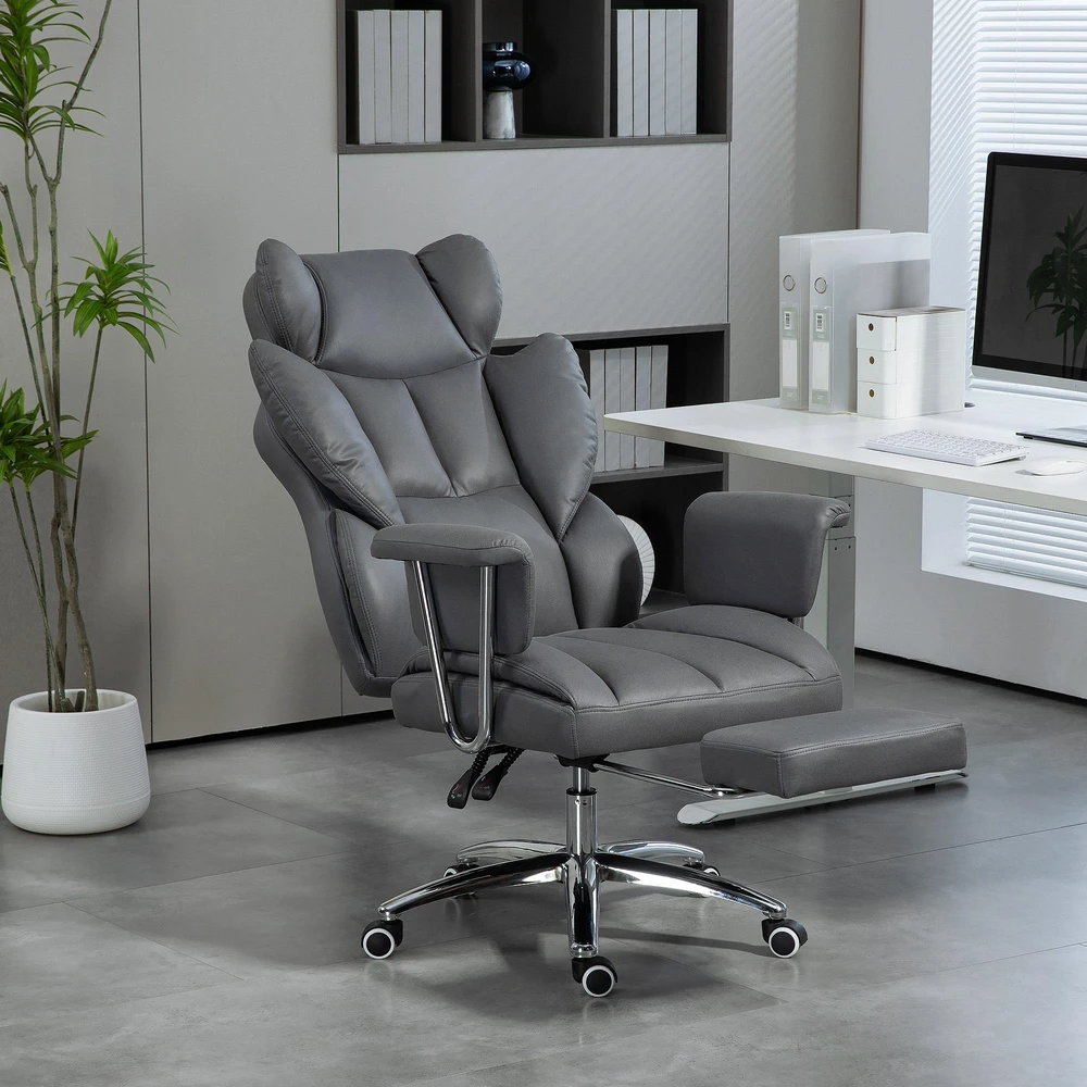 HOMCOM biuro kėdė su atlošimo funkcija, ergonomiška darbo kėdė, reguliuojamo aukščio sukama kėdė su kojų atrama, paminkštinta, keliamoji galia iki 120 kg, tamsiai pilka