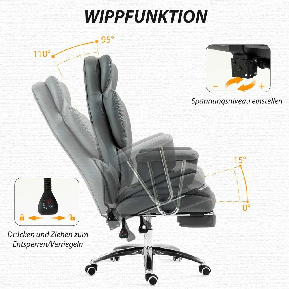 HOMCOM biuro kėdė su atlošimo funkcija, ergonomiška darbo kėdė, reguliuojamo aukščio sukama kėdė su kojų atrama, paminkštinta, keliamoji galia iki 120 kg, tamsiai pilka