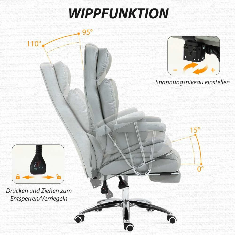 "HOMCOM" biuro kėdė su atsilenkimo funkcija, ergonomiška biuro kėdė, reguliuojamo aukščio sukamoji kėdė su kojų atrama, minkšta, keliamoji galia iki 120 kg, skirta biurui, kabinetui, šviesiai pilka