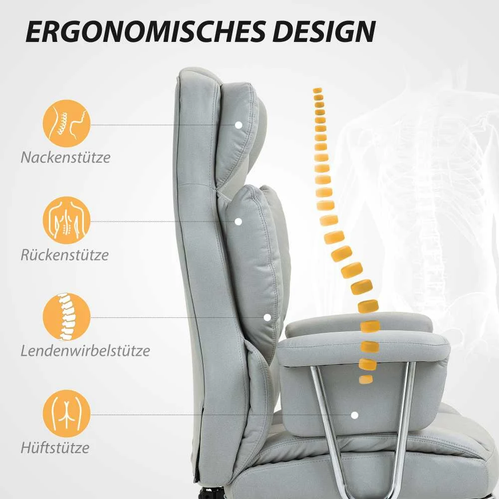 "HOMCOM" biuro kėdė su atsilenkimo funkcija, ergonomiška biuro kėdė, reguliuojamo aukščio sukamoji kėdė su kojų atrama, minkšta, keliamoji galia iki 120 kg, skirta biurui, kabinetui, šviesiai pilka