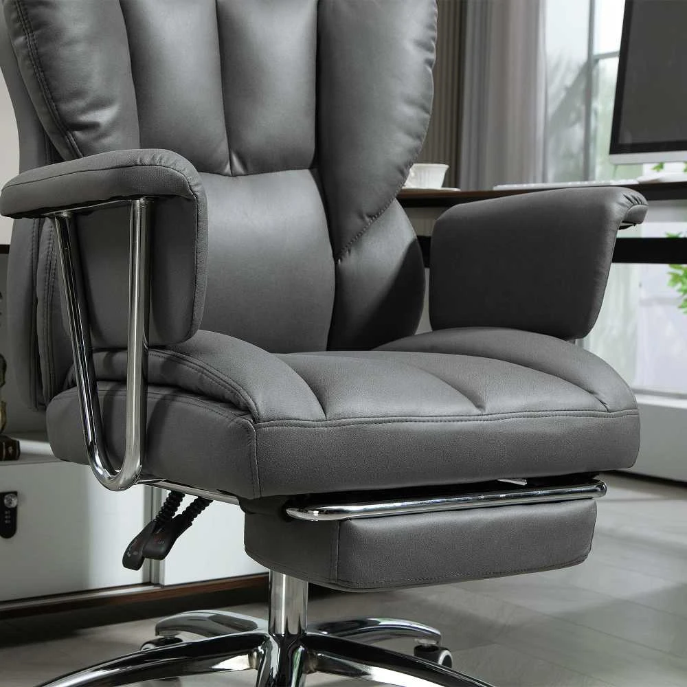 HOMCOM biuro kėdė su atlošimo funkcija, ergonomiška darbo kėdė, reguliuojamo aukščio sukama kėdė su kojų atrama, paminkštinta, keliamoji galia iki 120 kg, tamsiai pilka