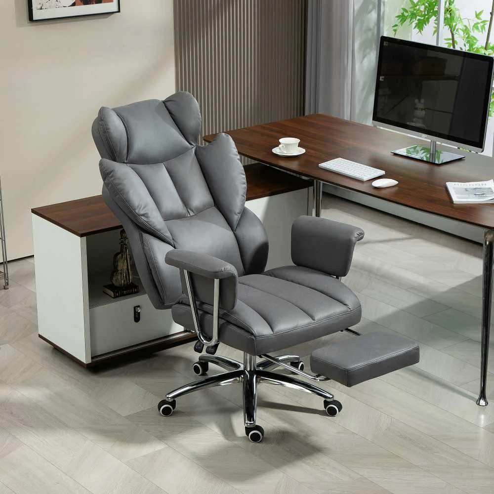 HOMCOM biuro kėdė su atlošimo funkcija, ergonomiška darbo kėdė, reguliuojamo aukščio sukama kėdė su kojų atrama, paminkštinta, keliamoji galia iki 120 kg, tamsiai pilka