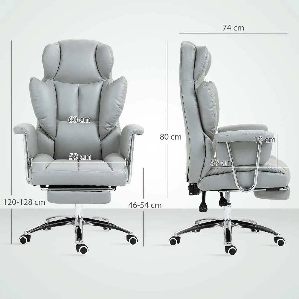 "HOMCOM" biuro kėdė su atsilenkimo funkcija, ergonomiška biuro kėdė, reguliuojamo aukščio sukamoji kėdė su kojų atrama, minkšta, keliamoji galia iki 120 kg, skirta biurui, kabinetui, šviesiai pilka