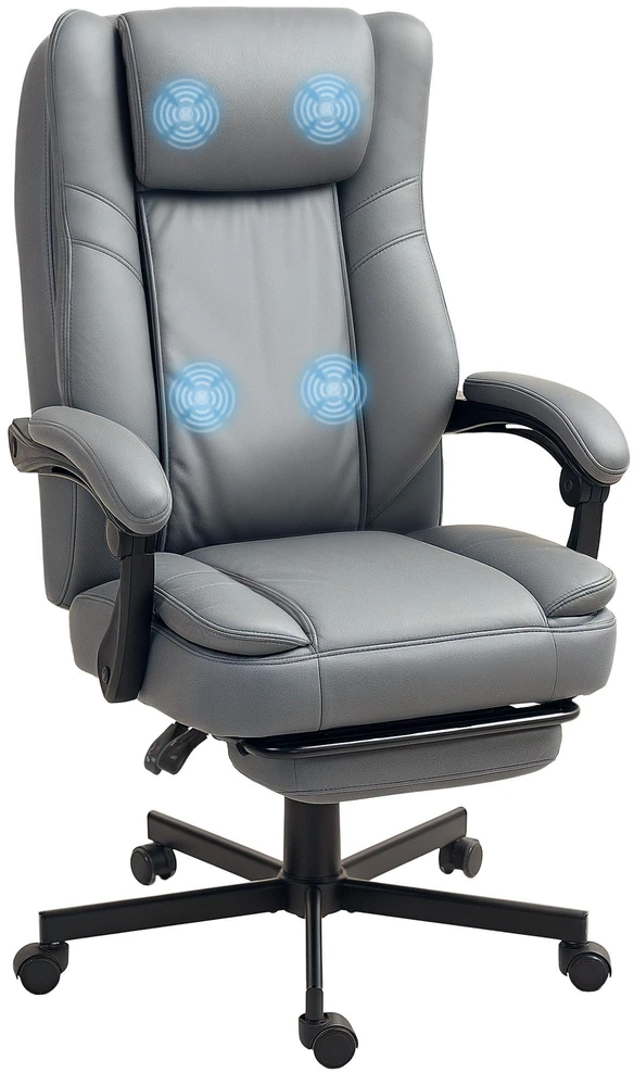 HOMCOM biuro kėdė su masažo funkcija, ergonomiška darbo kėdė su atlošimo funkcija, reguliuojamo aukščio pasukama kėdė su kojų atrama, pilka