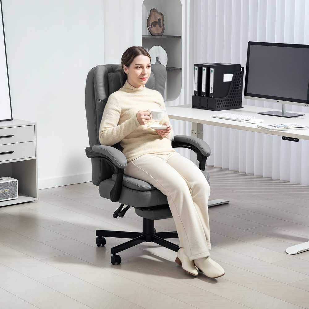 HOMCOM biuro kėdė su masažo funkcija, ergonomiška darbo kėdė su atlošimo funkcija, reguliuojamo aukščio pasukama kėdė su kojų atrama, pilka
