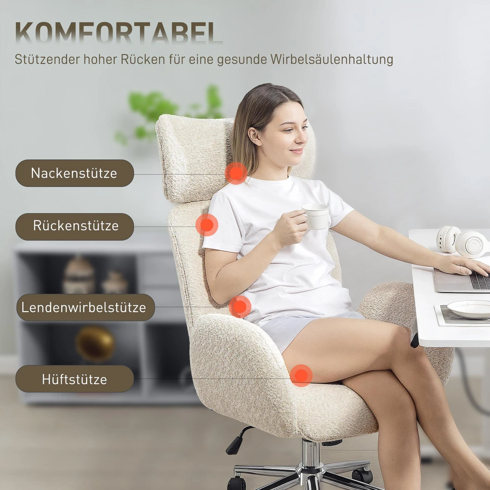 HOMCOM biuro kėdė su reguliuojama galvos atrama, ergonomiška darbo kėdė, atlošimo funkcija, reguliuojamas aukštis, pilka/balta