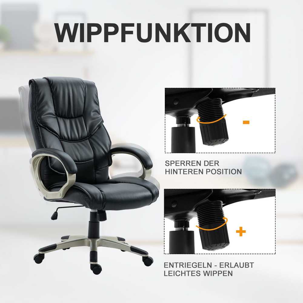HOMCOM biuro kėdė, ergonomiška darbo kėdė su supimosi funkcija, sportinio dizaino, aukštas atlošas, 70x58x114–124 cm, juoda