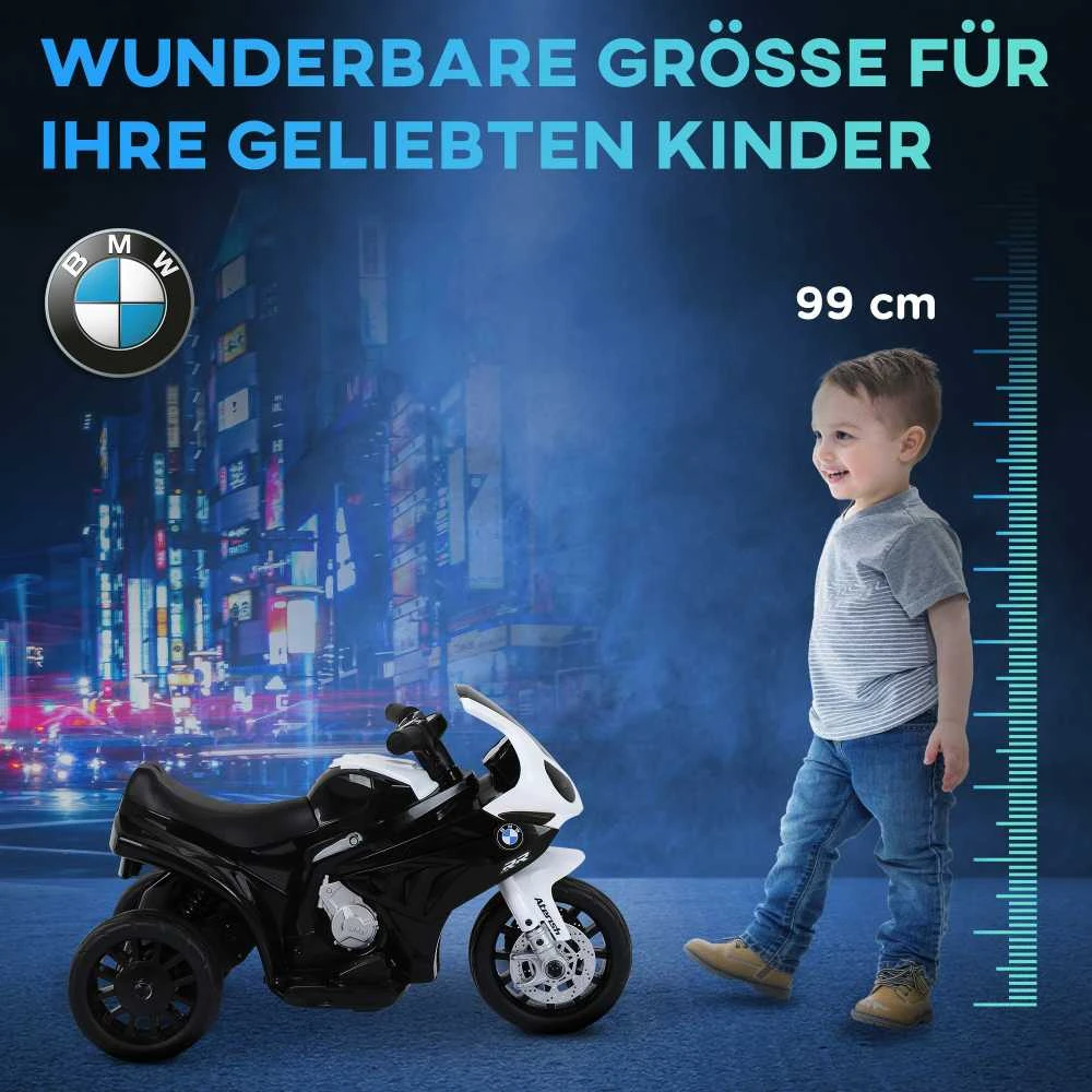 HOMCOM BMW S1000RR licencijuotas elektrinis vaikiškas motociklas, vaikiška transporto priemonė su akumuliatoriumi, triratis, plienas, juodas, 66x37x44 cm