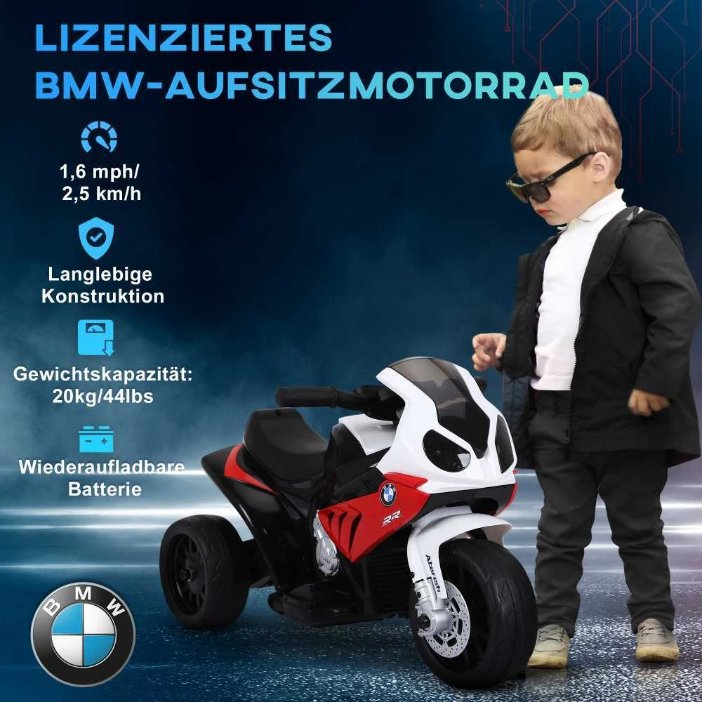 HOMCOM BMW S1000RR licencijuotas elektrinis triratis, vaikiškas motociklas su akumuliatoriumi, vaikiška transporto priemonė, plienas, raudona, 66x37x44 cm