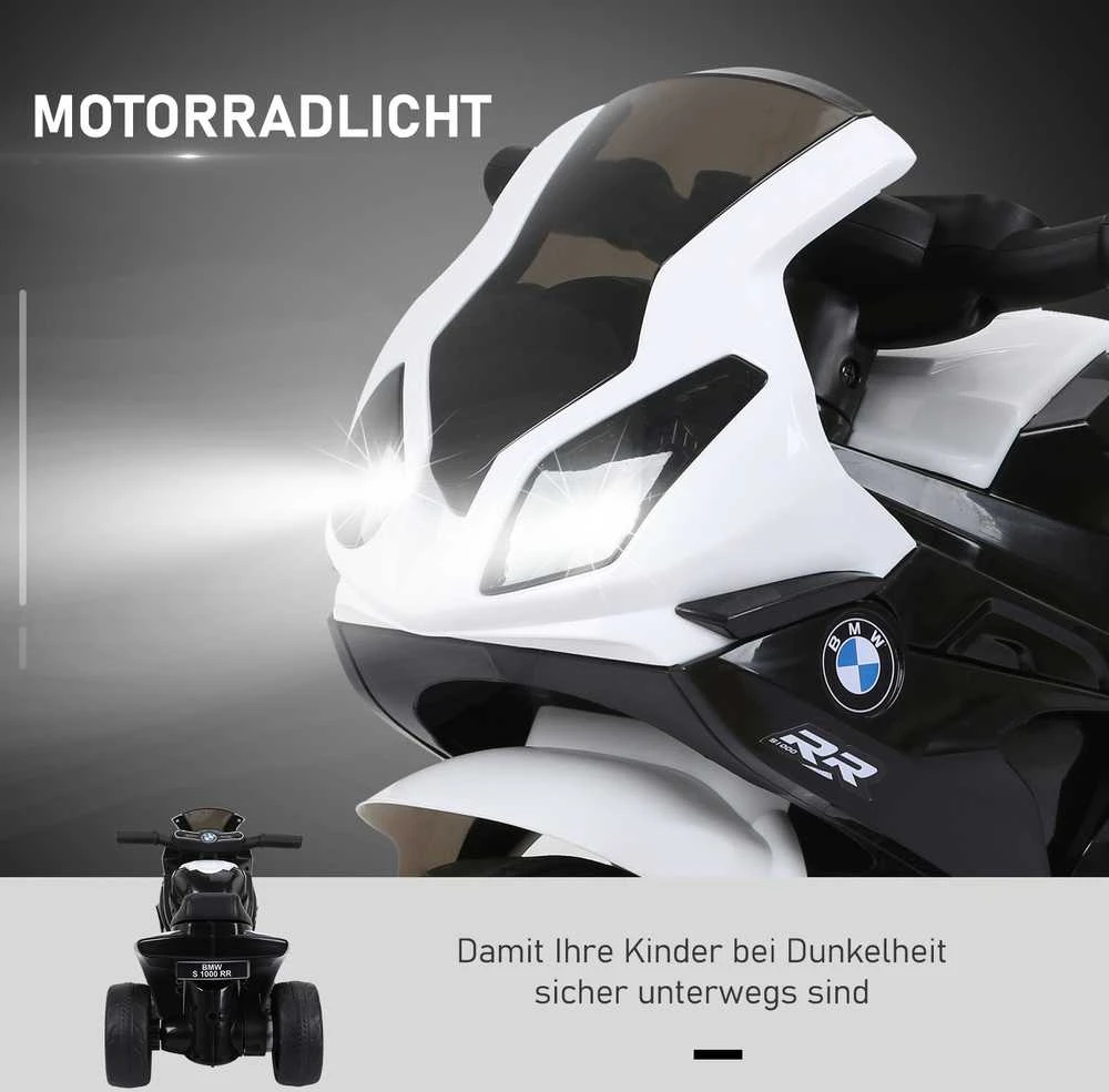 HOMCOM BMW S1000RR licencijuotas elektrinis vaikiškas motociklas, vaikiška transporto priemonė su akumuliatoriumi, triratis, plienas, juodas, 66x37x44 cm