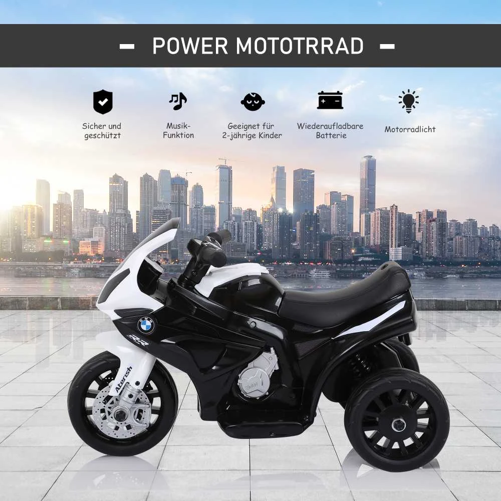 HOMCOM BMW S1000RR licencijuotas elektrinis vaikiškas motociklas, vaikiška transporto priemonė su akumuliatoriumi, triratis, plienas, juodas, 66x37x44 cm