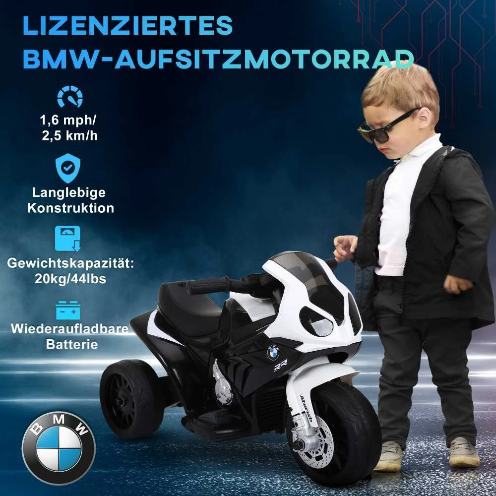 HOMCOM BMW S1000RR licencijuotas elektrinis vaikiškas motociklas, vaikiška transporto priemonė su akumuliatoriumi, triratis, plienas, juodas, 66x37x44 cm