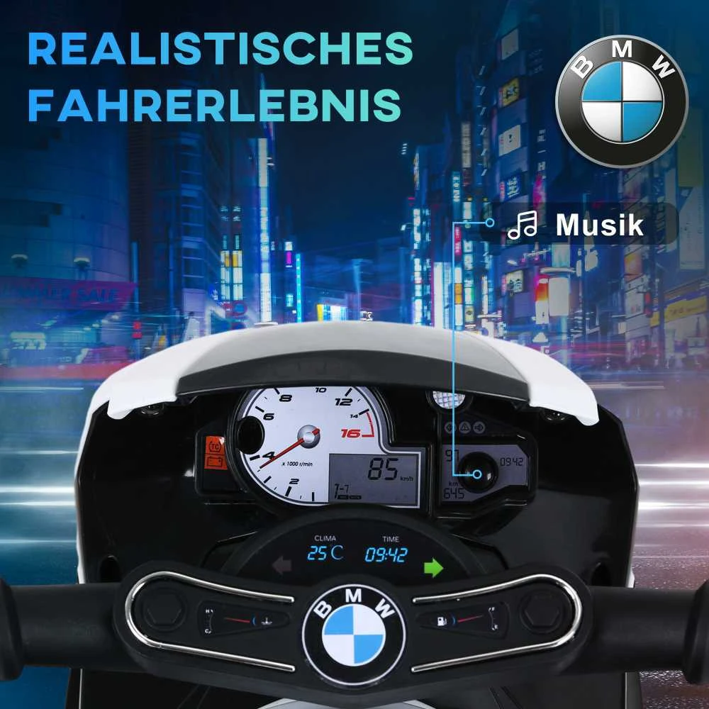 HOMCOM BMW S1000RR licencijuotas elektrinis vaikiškas motociklas, vaikiška transporto priemonė su akumuliatoriumi, triratis, plienas, juodas, 66x37x44 cm