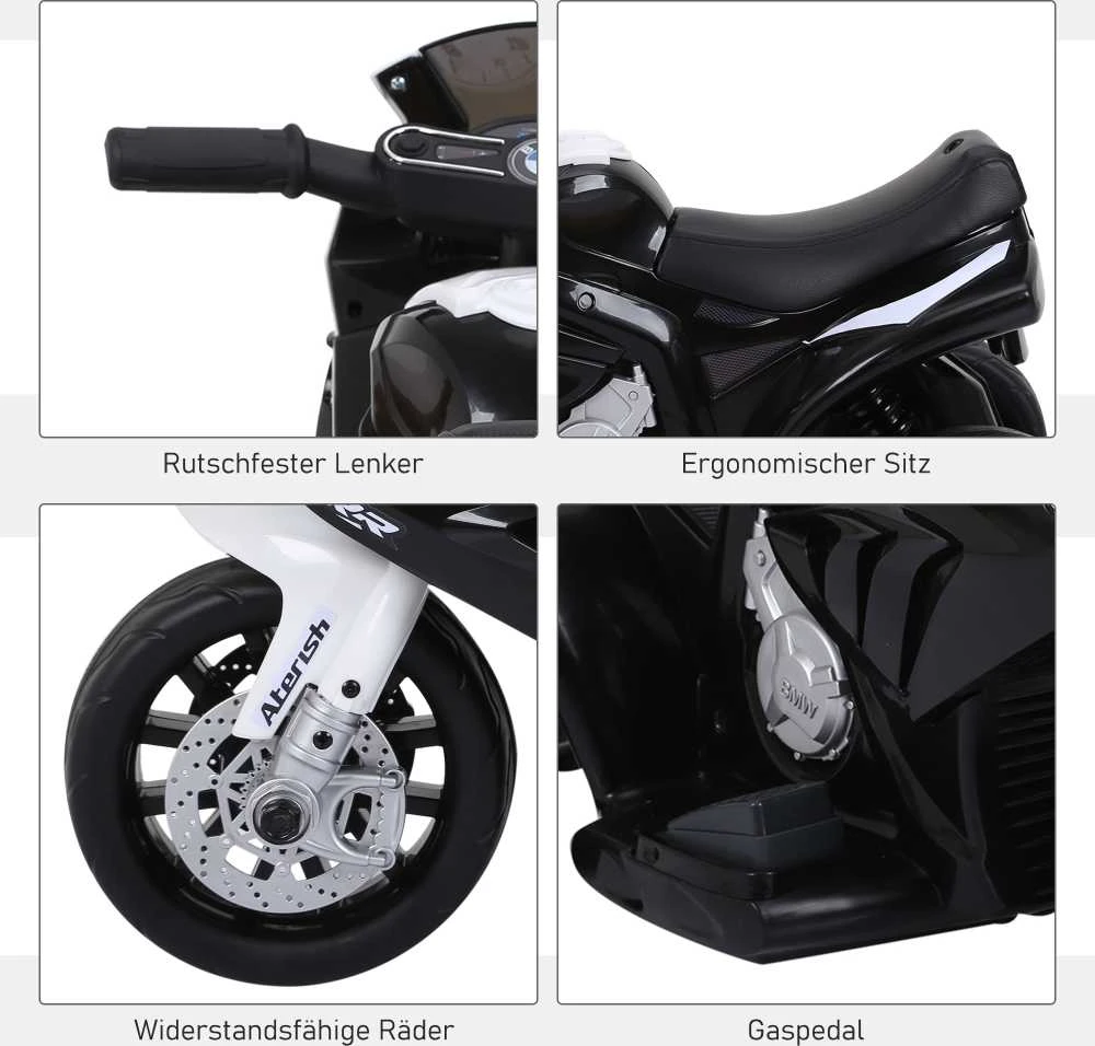 HOMCOM BMW S1000RR licencijuotas elektrinis vaikiškas motociklas, vaikiška transporto priemonė su akumuliatoriumi, triratis, plienas, juodas, 66x37x44 cm