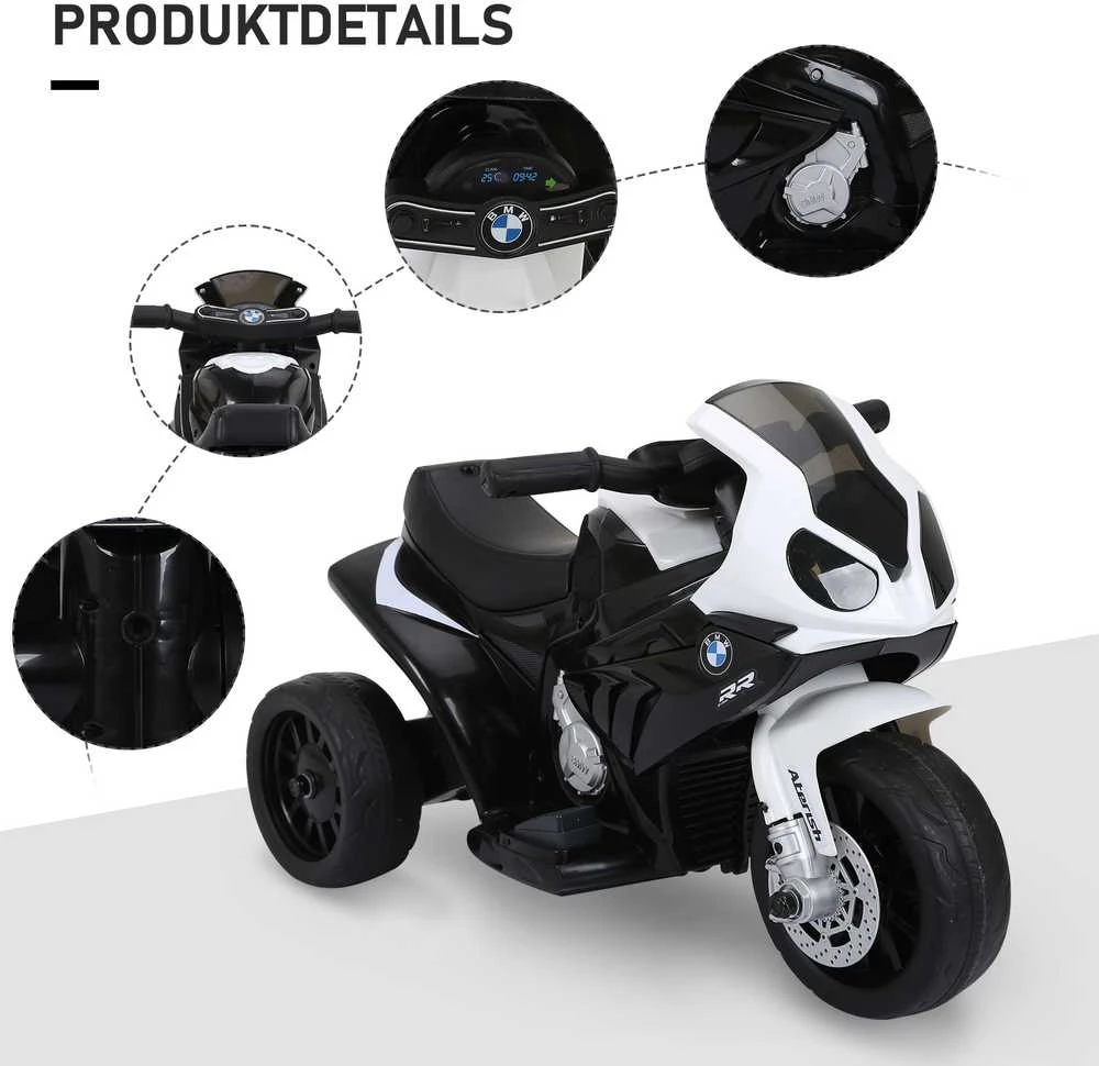 HOMCOM BMW S1000RR licencijuotas elektrinis vaikiškas motociklas, vaikiška transporto priemonė su akumuliatoriumi, triratis, plienas, juodas, 66x37x44 cm