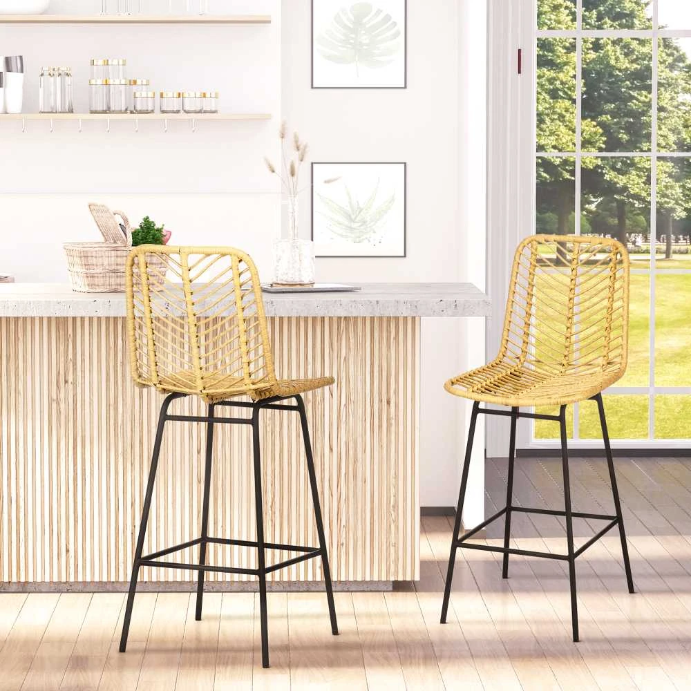 HOMCOM baro kėdės, 2 vnt., pintos išvaizdos baro kėdė, pusbario kėdė su atlošu, boho stiliaus virtuvės kėdė, baro kėdės, virtuvė, plienas, geltona