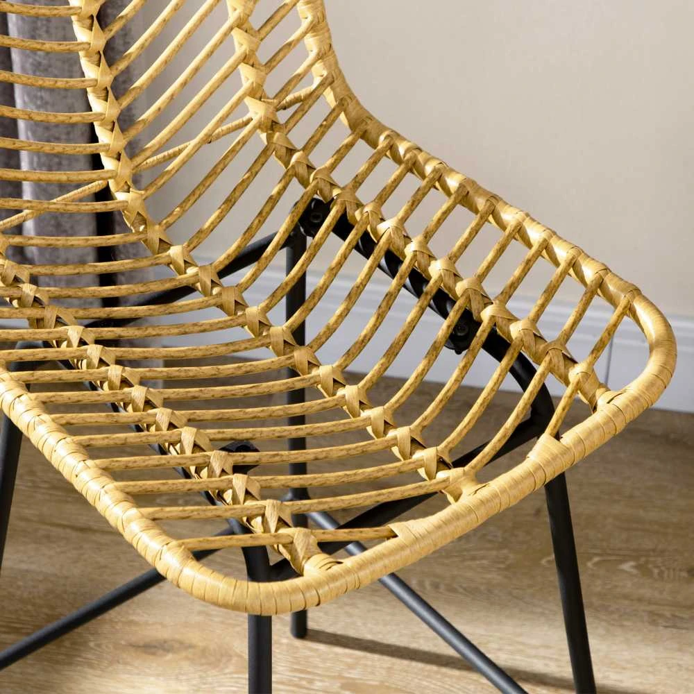HOMCOM baro kėdės, 2 vnt., pintos išvaizdos baro kėdė, pusbario kėdė su atlošu, boho stiliaus virtuvės kėdė, baro kėdės, virtuvė, plienas, geltona