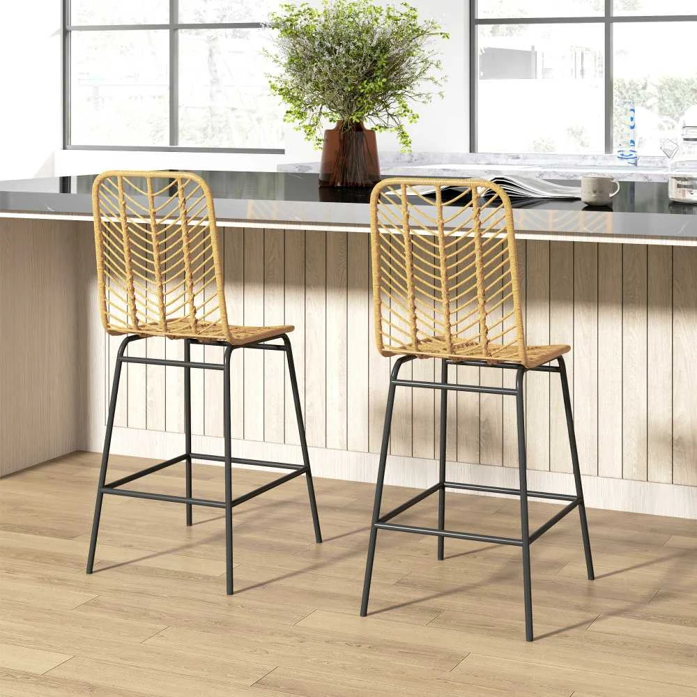 HOMCOM baro kėdės, 2 vnt., pintos išvaizdos baro kėdė, pusbario kėdė su atlošu, boho stiliaus virtuvės kėdė, baro kėdės, virtuvė, plienas, geltona