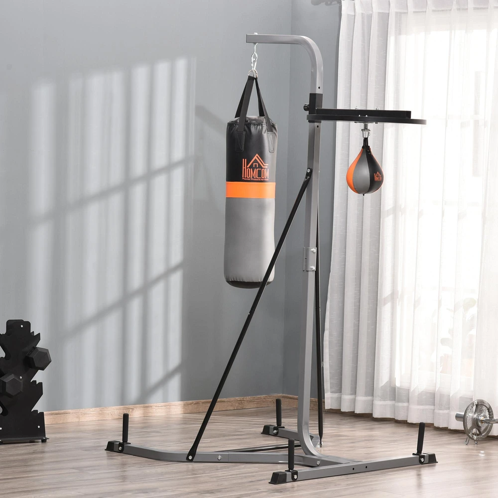 "HOMCOM" Bokso maišo stovas "2-in-1" su 20 kg bokso maišu ir bokso kamuoliu, laisvai pastatoma bokso stotelė, reguliuojamas aukštis, iki 100 kg, plienas