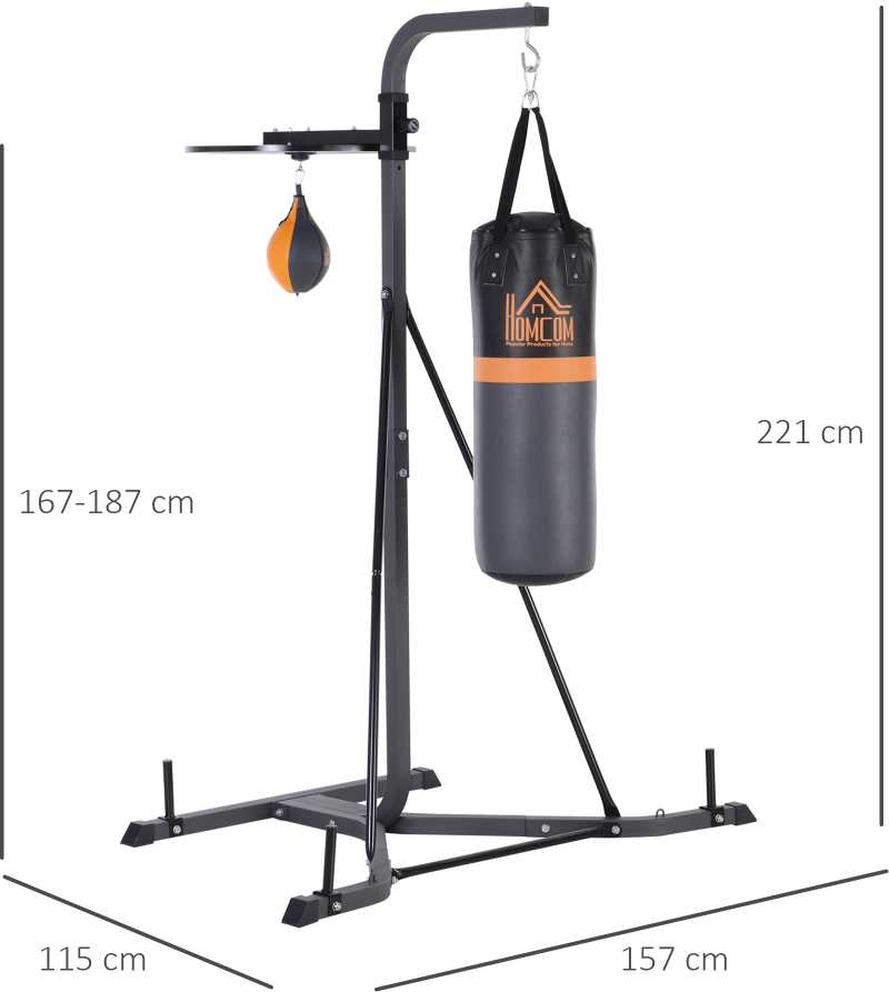 "HOMCOM" Bokso maišo stovas "2-in-1" su 20 kg bokso maišu ir bokso kamuoliu, laisvai pastatoma bokso stotelė, reguliuojamas aukštis, iki 100 kg, plienas