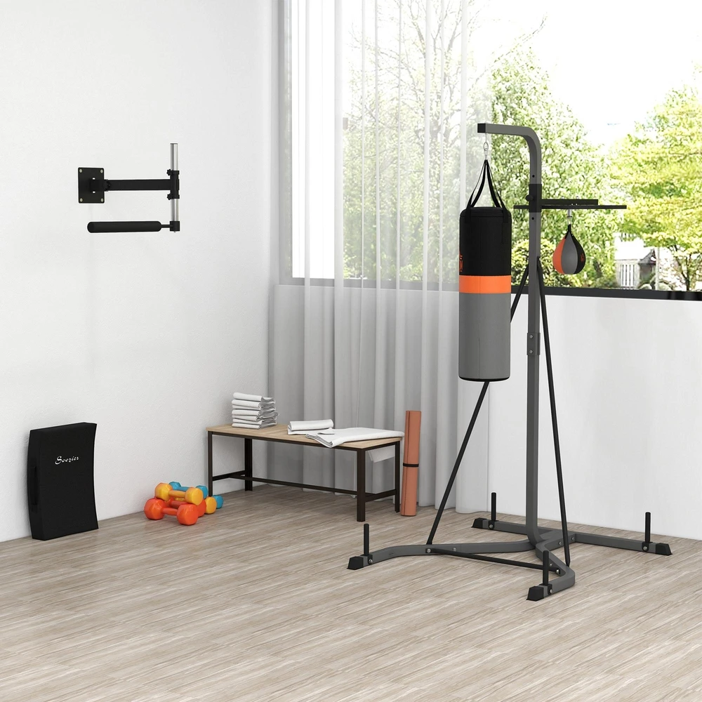 "HOMCOM" Bokso maišo stovas "2-in-1" su 20 kg bokso maišu ir bokso kamuoliu, laisvai pastatoma bokso stotelė, reguliuojamas aukštis, iki 100 kg, plienas