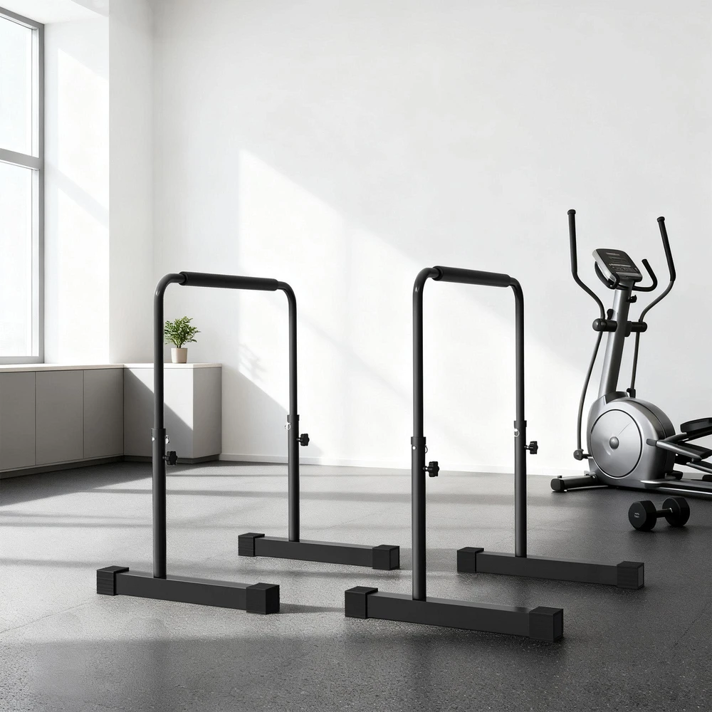 Sportnow HOMCOM lygiagrečių štangų rinkinys, 2 vnt., neslidžios, 80–100 cm reguliuojamo aukščio fitneso paraletės raumenų ir jėgos treniruotėms, plieninės, juodos
