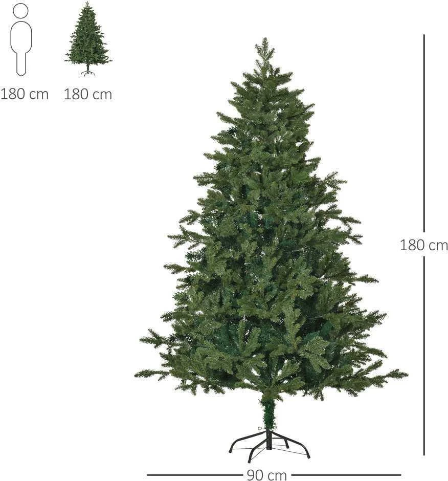 Dirbtinė Kalėdų eglutė HOMCOM 1,8 m, eglutė, kėnis, PVC PE metalas, žalia, Ø90 x 180 cm