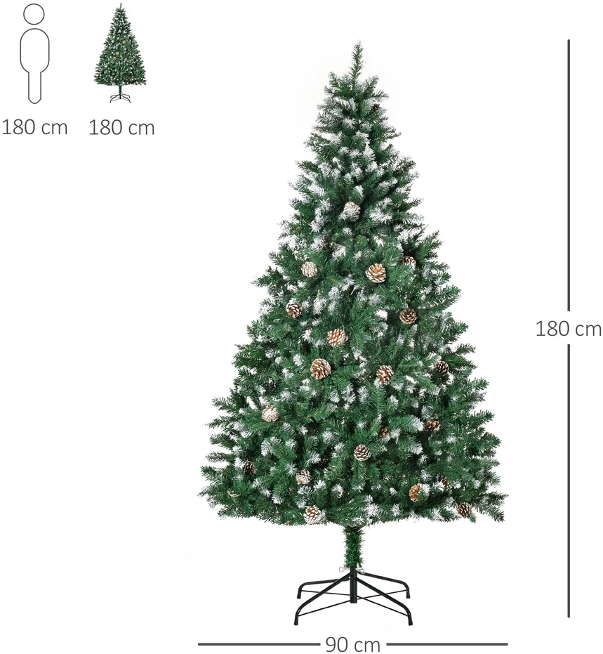 HOMCOM dirbtinė Kalėdų eglutė 180 cm, pušies imitacija su 59 kankorėžiais, sniego efektu ir 1111 šakelių patalpoms