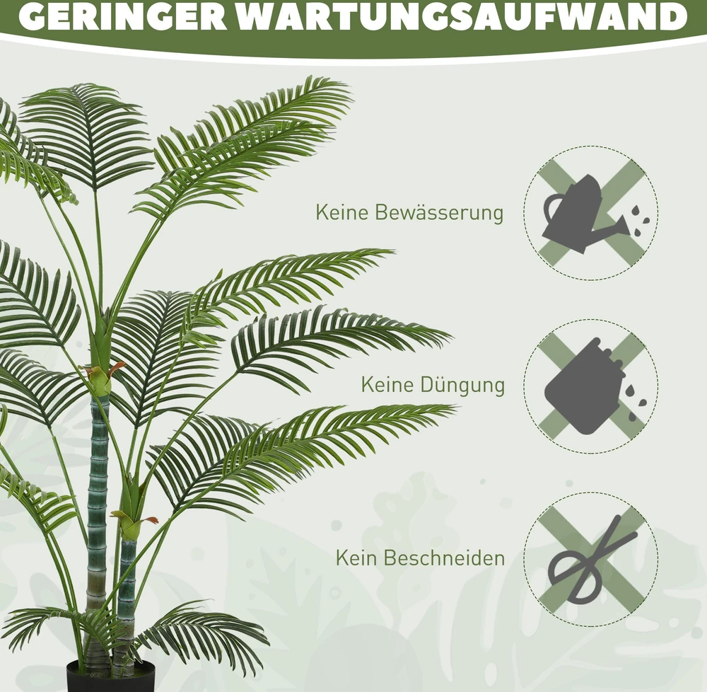 Dirbtinė palmė HOMCOM su 16 plastikinių lapų, UV spinduliams atsparus dirbtinis augalas su plastikiniu vazonu, vidaus ir lauko naudojimui, žalia
