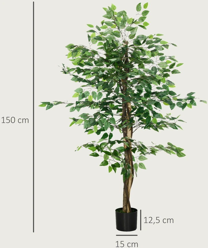 Dirbtinis augalas HOMCOM, 150 cm, su vazonu, dirbtinės samanos, dirbtinis Ficus medis, kambarinis augalas svetainei, žalias