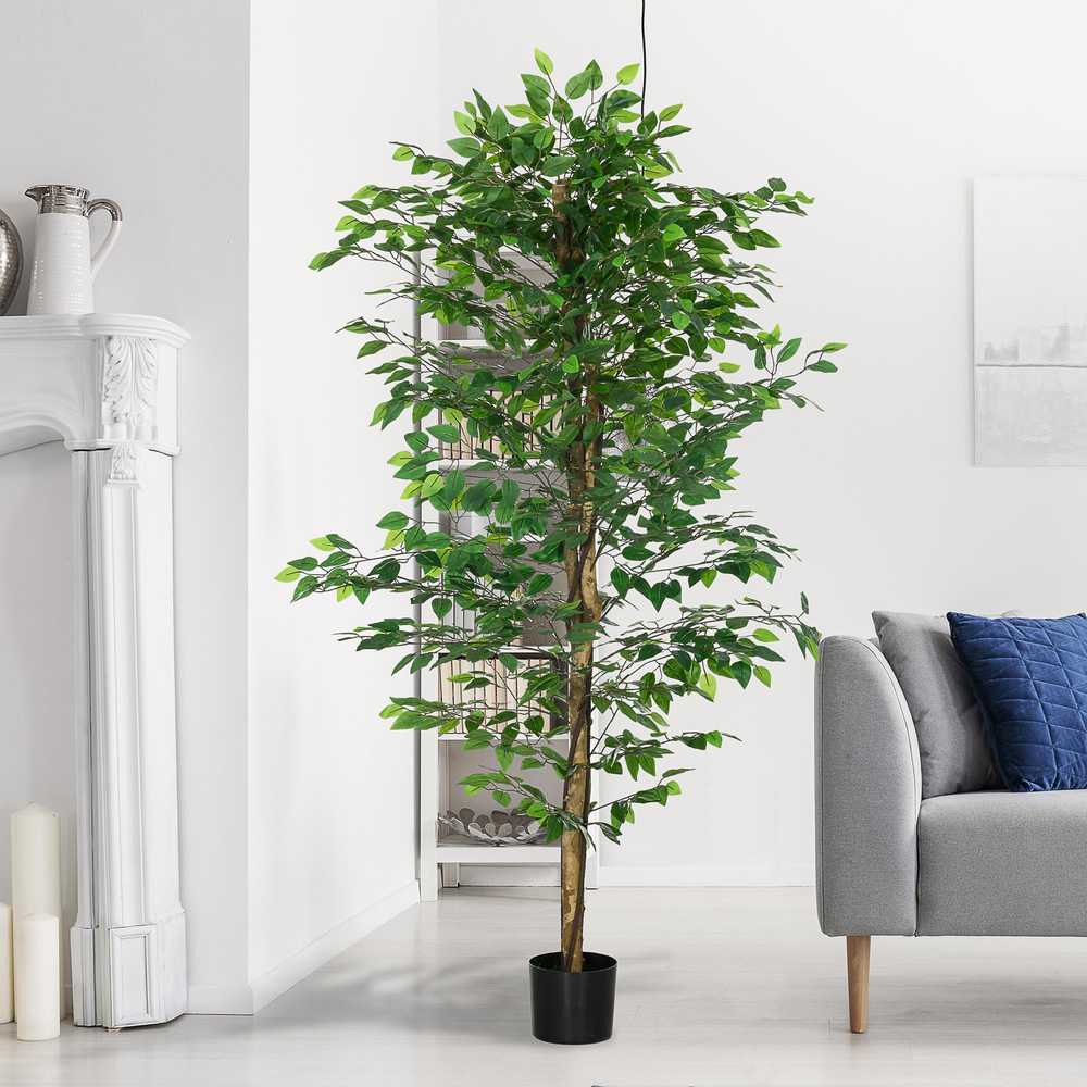 HOMCOM Dirbtinis augalas, 180 cm dirbtinis augalas su vazonu, dirbtinės samanos, dirbtinis fikusas, kambarinis augalas, žalias