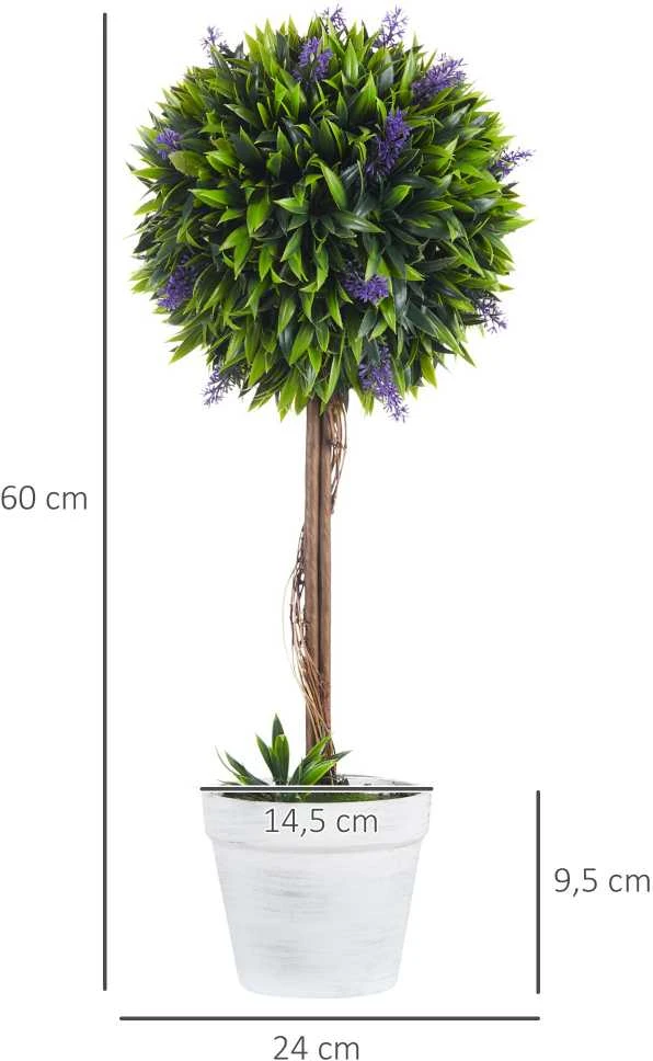 HOMCOM dirbtinis levandų augalas, 2 vnt. rinkinys, dirbtiniai augalai, 60 cm kambarinis augalas vazone, dirbtinis medis su dirbtinėmis samanomis, skirtas vidaus ir lauko naudojimui