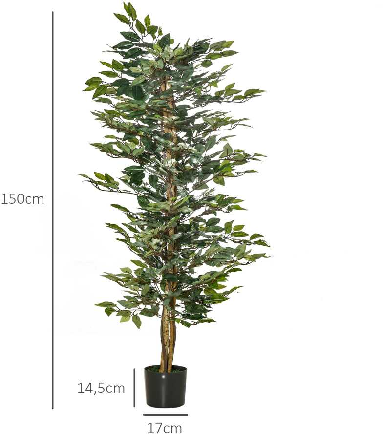 Dirbtinis fikusas HOMCOM, dekoratyvinis augalas, 150 cm, skirtas vidaus ir lauko erdvėms, plastikiniame vazone