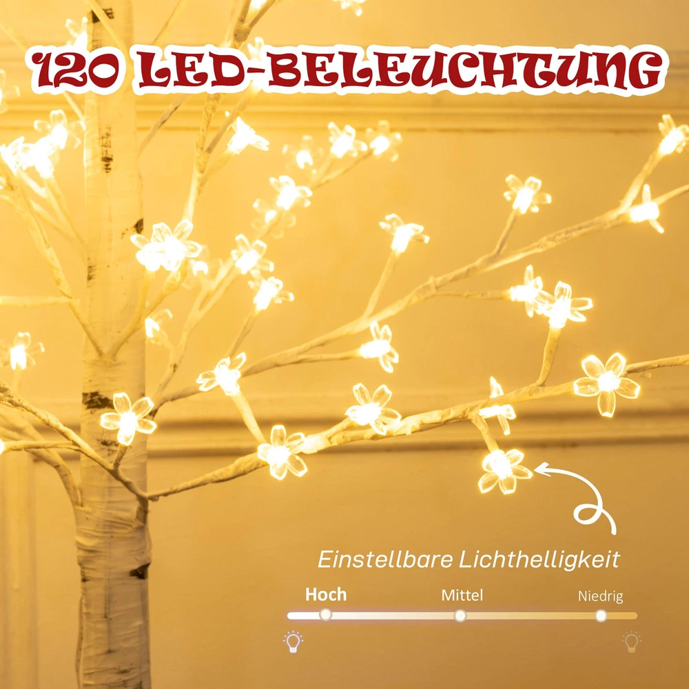 HOMCOM Dirbtinis sakurų medis, su 120 LED, 3 ryškumo lygiais, šiltai balta spalva, imituojanti tikrą žievę, 21 x 21 x 150 cm